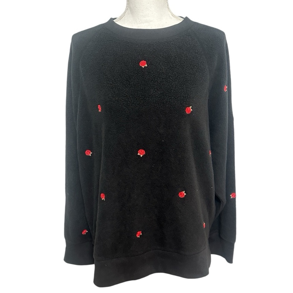 Victoria Secret PINK Embroidered Rose Black Fleece Crewneck Sweater NWT